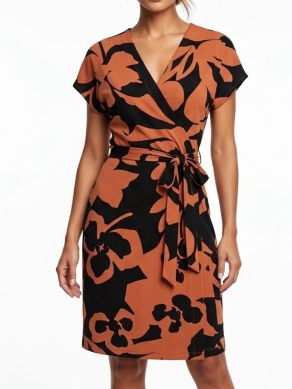 NWOT Nine West Black and Rust Floral Faux-Wrap Midi Dress